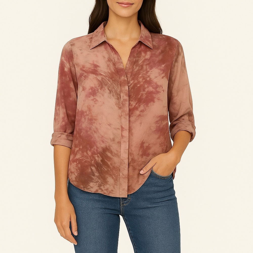 RORY BECA 100% Silk Button Down Blouse in Rose Watercolor Sz M NWOT